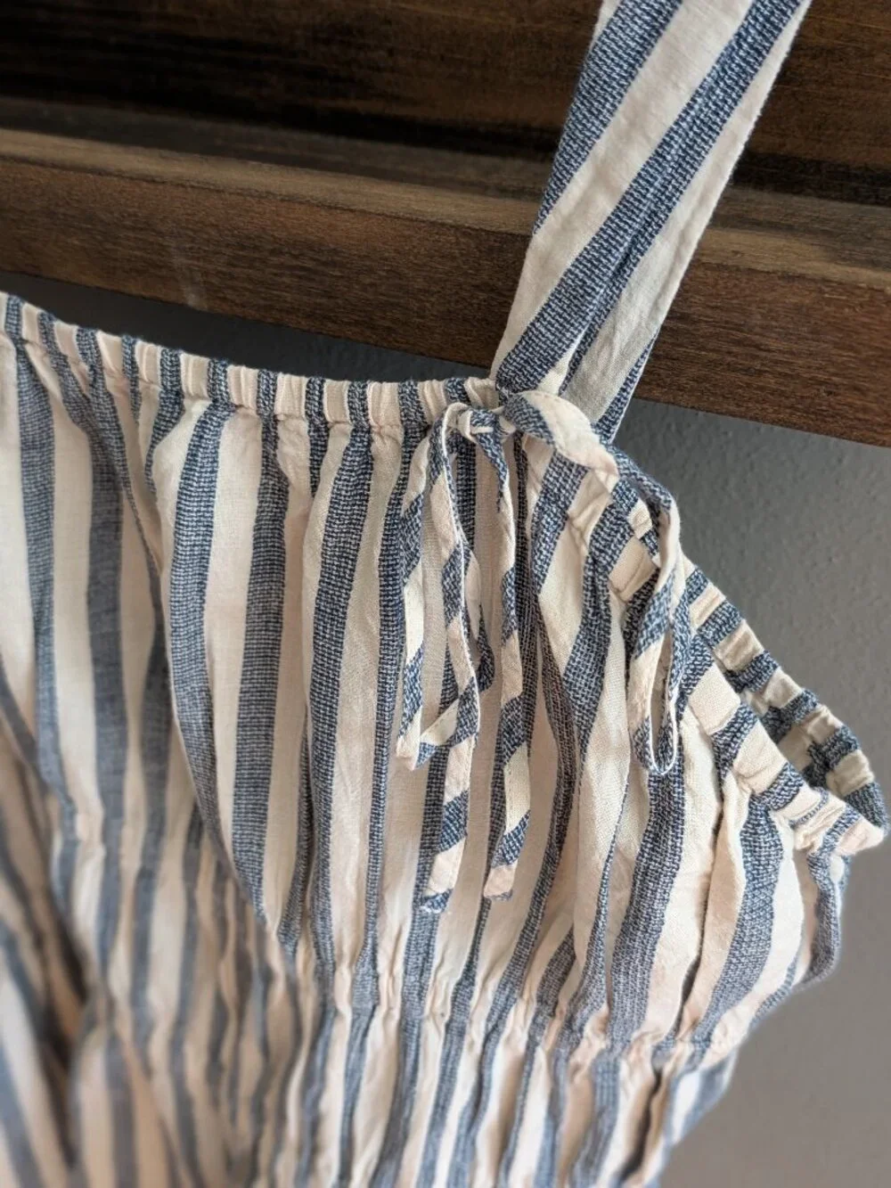 Blue and White Striped Linen Smocked Peplum Top Tie Accents Large Coastal - Picture 4 of 5